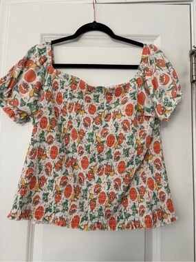 Disney White Smocked Puff-Sleeve Top with Orange Bird Print